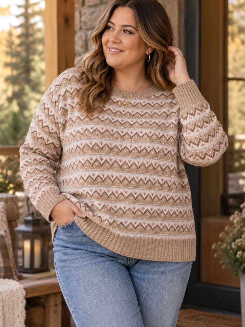 NWT Croft & Barrow 2X Plus Fair Isle Sweater Beige Pink Nordic Knit